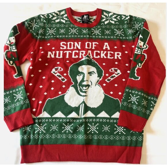 ELF Son of a Nutcracker Holiday Christmas Ugly Knit Sweater Red/Green Size L - Picture 1 of 4